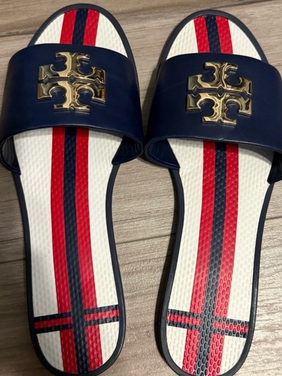 Tory Burch Shoes - Tory Burch Navy Slide Sandals with Red and White Stripes and Gold Logo